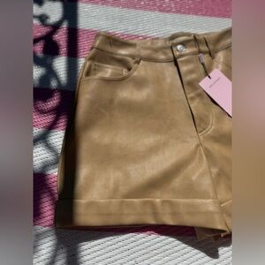 Avec Les Filles Camel Faux Leather Shorts